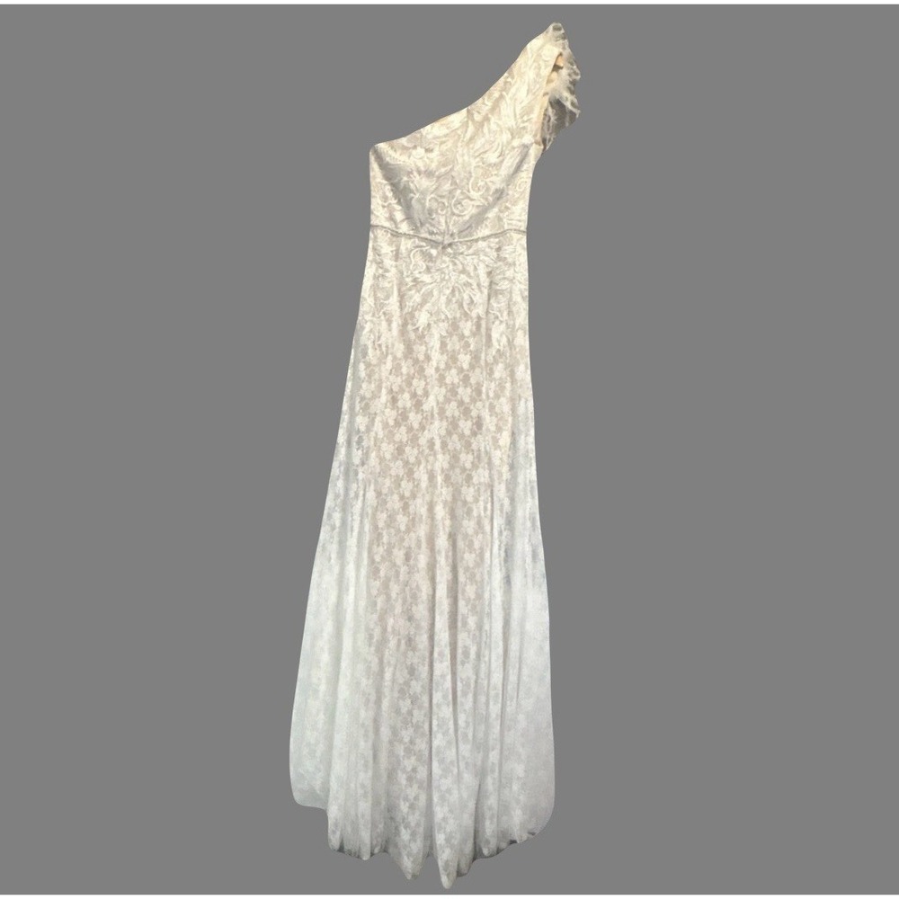Mac Duggal One Shoulder Formal Gown Illusion Lace Feathered Size XS Ivory Bridal - Picture 6 of 13
